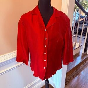 SilkLand Vibrant Red Blouse with Button Accents 100% Silk Vintage